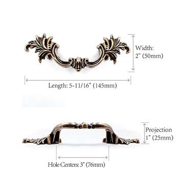 Jetland French Provincial Drawer Pulls - 6-Pack, Antique Brass, 3" Hole Centers, Vintage Shabby Chic...