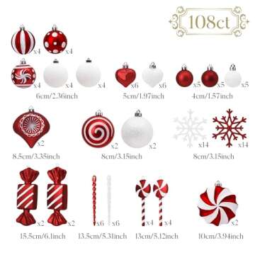 Valery Madelyn Christmas Valentines Ornaments Set, 108ct Candy Cane Red and White Shatterproof Christmas Tree Decorations Ball Ornaments Bulk, Hanging Ornaments for Xmas Trees Holiday Party Decor