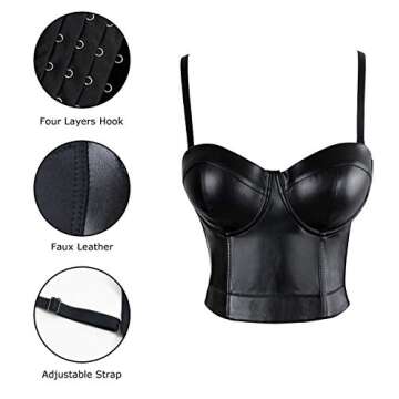 Charmian Women's Spaghetti Straps PU Leather Bustier Crop Top Black Medium