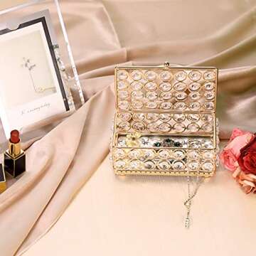 ELLDOO Crystal Jewelry Box Rectangle Trinket Organizer Earrings Rings Box Treasure Box Home Decor Accent Decorative Box with Lid for Valentine Wedding Christmas Birthday Gift, Gold, Small