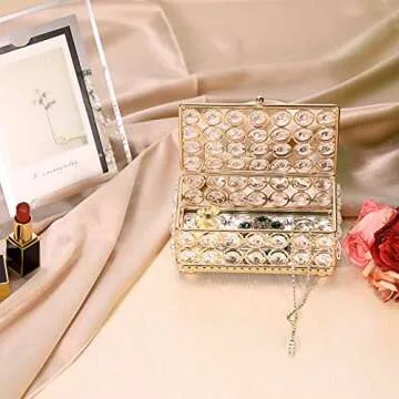 ELLDOO Crystal Jewelry Box Rectangle Trinket Organizer Earrings Rings Box Treasure Box Home Decor Accent Decorative Box with Lid for Valentine Wedding Christmas Birthday Gift, Gold, Small