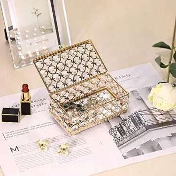 ELLDOO Crystal Jewelry Box Rectangle Trinket Organizer Earrings Rings Box Treasure Box Home Decor Accent Decorative Box with Lid for Valentine Wedding Christmas Birthday Gift, Gold, Small