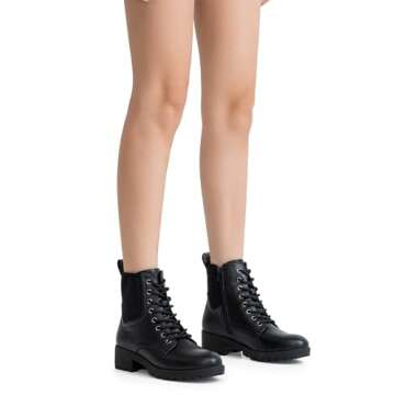 Vepose Women's Black Ankle Boots - Combat Lace Up Booties with Inner Zipper and Elastic Band