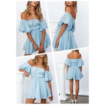 Dokotoo Women One Shoulder Dresses Fashion 2025 Lantern Sleeve Blue Pirate Dress Ruffle Elastic Waist A-Line Spring Dresses for Wedding Guest XX-Large