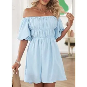 Dokotoo Women One Shoulder Dresses Fashion 2025 Lantern Sleeve Blue Pirate Dress Ruffle Elastic Waist A-Line Spring Dresses for Wedding Guest XX-Large