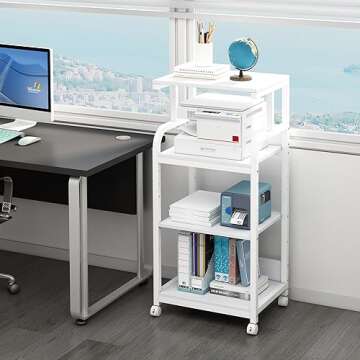 Fannova 4 Tier White Printer Stand Table with Adjustable Shelves, Movable Printer Shredder Stand wit...