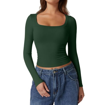QINSEN Women's Side Ruched Long Sleeve Bodycon Fit Crop Top - Perfect & Comfortable