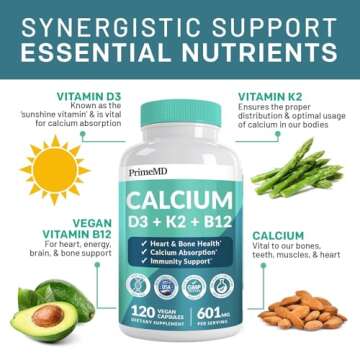 4-in-1 Calclum Supplements for Women and Men - Calcium 600mg with Vitamin D3 K2 5000 IU Supplement f...