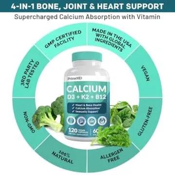 4-in-1 Calclum Supplements for Women and Men - Calcium 600mg with Vitamin D3 K2 5000 IU Supplement for Heart, Bone and Body Defenses - Gluten-Free, Vegan-Friendly (120 ct)