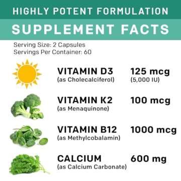 4-in-1 Calclum Supplements for Women and Men - Calcium 600mg with Vitamin D3 K2 5000 IU Supplement for Heart, Bone and Body Defenses - Gluten-Free, Vegan-Friendly (120 ct)