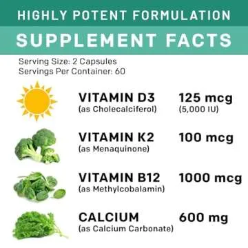 4-in-1 Calclum Supplements for Women and Men - Calcium 600mg with Vitamin D3 K2 5000 IU Supplement for Heart, Bone and Body Defenses - Gluten-Free, Vegan-Friendly (120 ct)