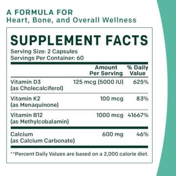 4-in-1 Calclum Supplements for Women and Men - Calcium 600mg with Vitamin D3 K2 5000 IU Supplement for Heart, Bone and Body Defenses - Gluten-Free, Vegan-Friendly (120 ct)