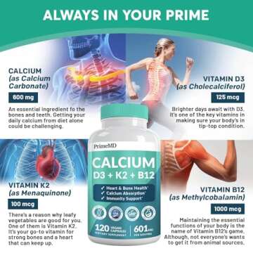 4-in-1 Calclum Supplements for Women and Men - Calcium 600mg with Vitamin D3 K2 5000 IU Supplement for Heart, Bone and Body Defenses - Gluten-Free, Vegan-Friendly (120 ct)