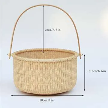Teng Tian Classic Nantucket Round baskets with wood Knobs HandleWoven Basket Container Tote Cube Organizer Handwoven rattanStorage Fruit Basket