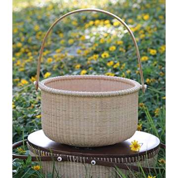 Teng Tian Classic Nantucket Round baskets with wood Knobs HandleWoven Basket Container Tote Cube Organizer Handwoven rattanStorage Fruit Basket
