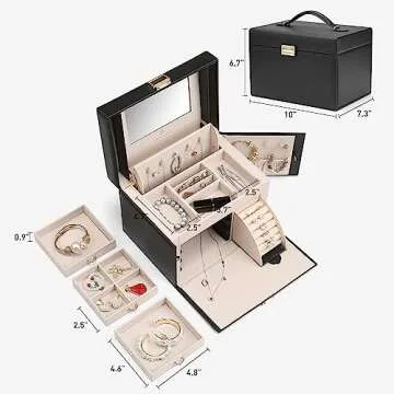 Vlando Mirrored Jewelry Box Organizer, Leather Jewelry Storage Case, Necklaces Earrings Rings Brackets Box Holder, Black