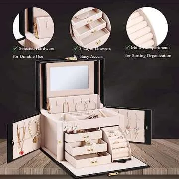 Vlando Mirrored Jewelry Box Organizer, Leather Jewelry Storage Case, Necklaces Earrings Rings Brackets Box Holder, Black