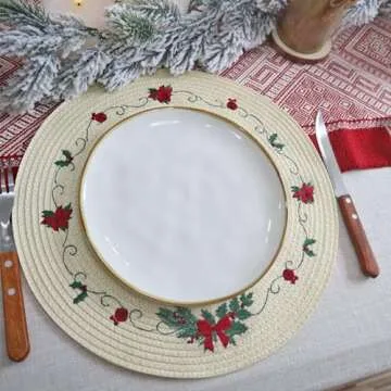 LaneVines Christmas Placemats Set of 4 Round Placemats Christmas, Embroidered Christmas Decorations Table Placemats, Holiday Placemats for Kitchen Dining Table Mats Table Decorations