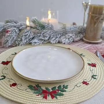 LaneVines Christmas Placemats Set of 4 Round Placemats Christmas, Embroidered Christmas Decorations Table Placemats, Holiday Placemats for Kitchen Dining Table Mats Table Decorations