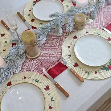 LaneVines Christmas Placemats Set of 4 Round Placemats Christmas, Embroidered Christmas Decorations Table Placemats, Holiday Placemats for Kitchen Dining Table Mats Table Decorations