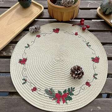 LaneVines Christmas Placemats Set of 4 Round Placemats Christmas, Embroidered Christmas Decorations Table Placemats, Holiday Placemats for Kitchen Dining Table Mats Table Decorations
