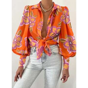 BTFBM Women Fashion Button Down Shirts Lapel V Neck Printed Solid Boho Long Sleeve Blouses Dressy Ca...