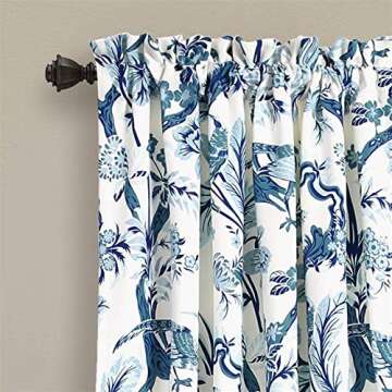 Lush Decor Dolores Light Filtering Window Panels, Pair, 52" W x 95" L, Blue - Toile Curtains - Floral Bird Print - Grandmillennial & French Country Curtains - Cottage & Maximalist Home Decor