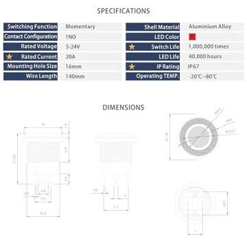 KWONONG LED Momentary Push Button Switch, Aluminum Alloy, IP67 Waterproof 5-24V 20A 1NO, with Wire S...