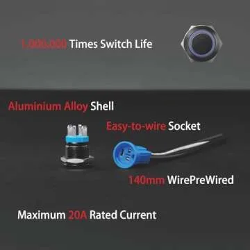 KWONONG LED Momentary Push Button Switch, Aluminum Alloy, IP67 Waterproof 5-24V 20A 1NO, with Wire Socket Plug (1, Red, 16mm)