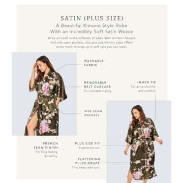 KIM+ONO Plus Size Women's Satin Kimono Robe Long - Floral - Peacock & Blossoms - Mauve (Pink), Satin...