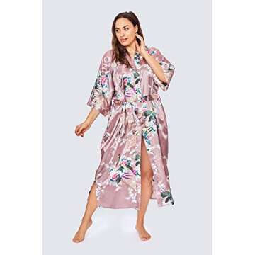KIM+ONO Plus Size Women's Satin Kimono Robe Long - Floral - Peacock & Blossoms - Mauve (Pink), Satin Kimono Robes for Women with Floral Designs, 54 inches in Length, Plus Size.