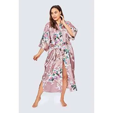 KIM+ONO Plus Size Women's Satin Kimono Robe Long - Floral - Peacock & Blossoms - Mauve (Pink), Satin Kimono Robes for Women with Floral Designs, 54 inches in Length, Plus Size.