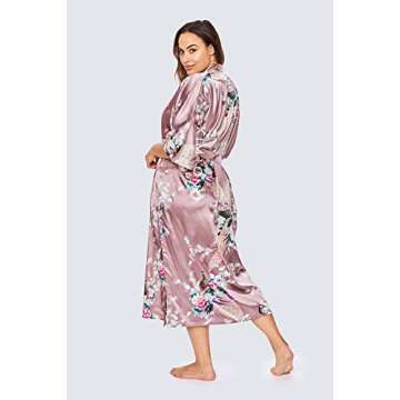 KIM+ONO Plus Size Women's Satin Kimono Robe Long - Floral - Peacock & Blossoms - Mauve (Pink), Satin Kimono Robes for Women with Floral Designs, 54 inches in Length, Plus Size.