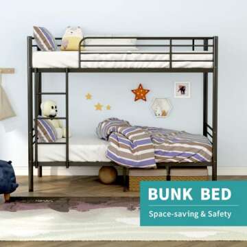 Space-Saving Twin Bunk Bed Frame with Guardrail & Ladder