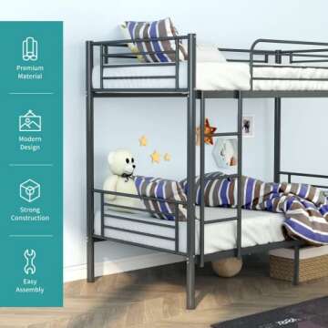 Space-Saving Twin Bunk Bed Frame with Guardrail & Ladder