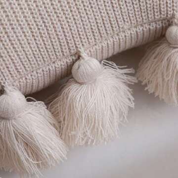 famibay Knitted Pillow Covers with Pompoms Tassel Boho Striped Cable Knit Throw Pillow Cases Decorative Pillow Cushion Cover Set for Home Sofa Couch Bed 18” x 18” Beige