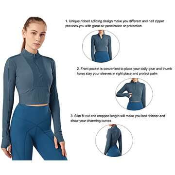 KTILG Womens Cropped Jacket Half Zip Pullover Slim Fit Yoga Running Athletic Workout Jackets Long Sleeve Activewear Top