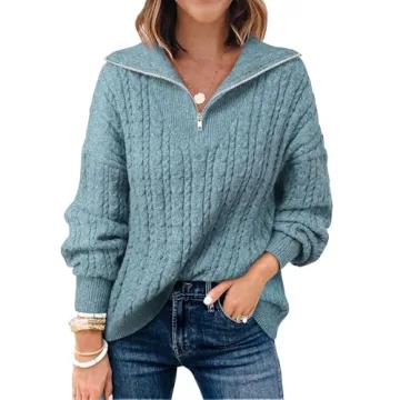 Vivilli Sweaters for Women Fall 2024 Women Outfits Dressy Casual Trendy Fashion Winter Old Money Clothes Cute Cable Knit Quarter Zip Pullover Tops Oversized Sweaters Fall Winter Clothes Blue S