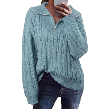 Vivilli Sweaters for Women Fall 2024 Women Outfits Dressy Casual Trendy Fashion Winter Old Money Clothes Cute Cable Knit Quarter Zip Pullover Tops Oversized Sweaters Fall Winter Clothes Blue S