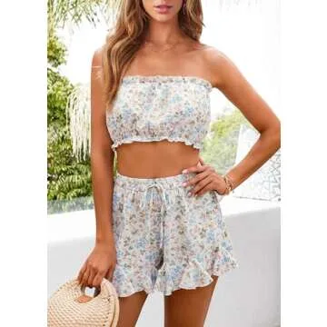 KIRUNDO Women's 2024 Summer 2 Piece Outfits Boho Floral Strapless Crop Tube Top and Shorts Sets Beach Vacation Outfits(Floral-Purple White, Small)