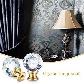 Mudder 2 Pieces Crystal Lamp Finial Cap Knob Screw Topper Clear Finial with Polished Chrome Base 1-3/4 Inches Diamond Knob for Lamp Shade Decorations(Gold Base)