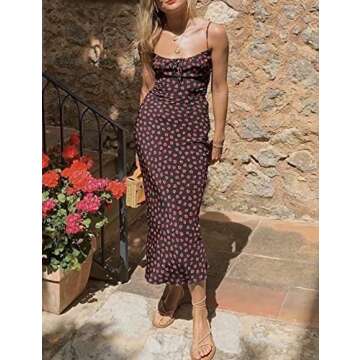 Omoone Womens Floral Dress Low-Cut Square Neck Spaghetti Strap Tie Bodycorn 90s Y2k Sun Dresses (02 Black, Medium)