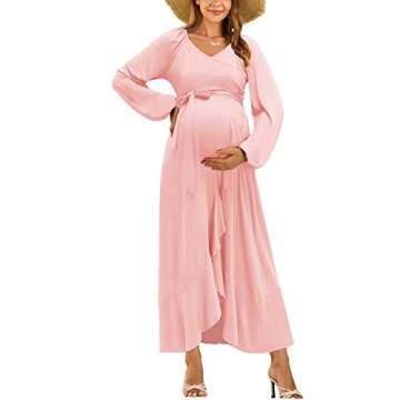 OUGES Womens Maternity Dresses for Photoshoot Hi-Low Ruffle Pregnancy Baby Shower Dress(Light Pink,M)