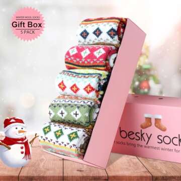 besky 5 Pairs Winter Wool Socks Women, Knit Thick Wool Soft Warm and Breathable Cozy Socks for Women...