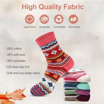 besky 5 Pairs Winter Wool Socks Women, Knit Thick Wool Soft Warm and Breathable Cozy Socks for Womens, Mountain Climbing, Skiing - Christmas Gifts