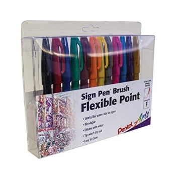 Pentel Arts Sign Pen Brush, 12 Colors in Stand