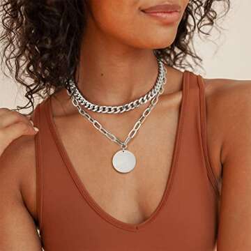 LANE WOODS Silver Layered Chain Necklace for Women: 14K Chunky Gold Necklaces Plated Double Adjustab...