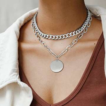 LANE WOODS Silver Layered Chain Necklace for Women: 14K Chunky Gold Necklaces Plated Double Adjustable Paperclip Cuban Link Simple Disc Coin Pendant Choker - Dainty Fashion Party Jewelry Gift for Women (silver)