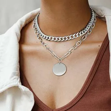 LANE WOODS Silver Layered Chain Necklace for Women: 14K Chunky Gold Necklaces Plated Double Adjustable Paperclip Cuban Link Simple Disc Coin Pendant Choker - Dainty Fashion Party Jewelry Gift for Women (silver)
