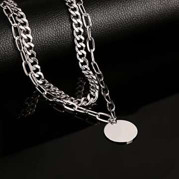 LANE WOODS Silver Layered Chain Necklace for Women: 14K Chunky Gold Necklaces Plated Double Adjustable Paperclip Cuban Link Simple Disc Coin Pendant Choker - Dainty Fashion Party Jewelry Gift for Women (silver)